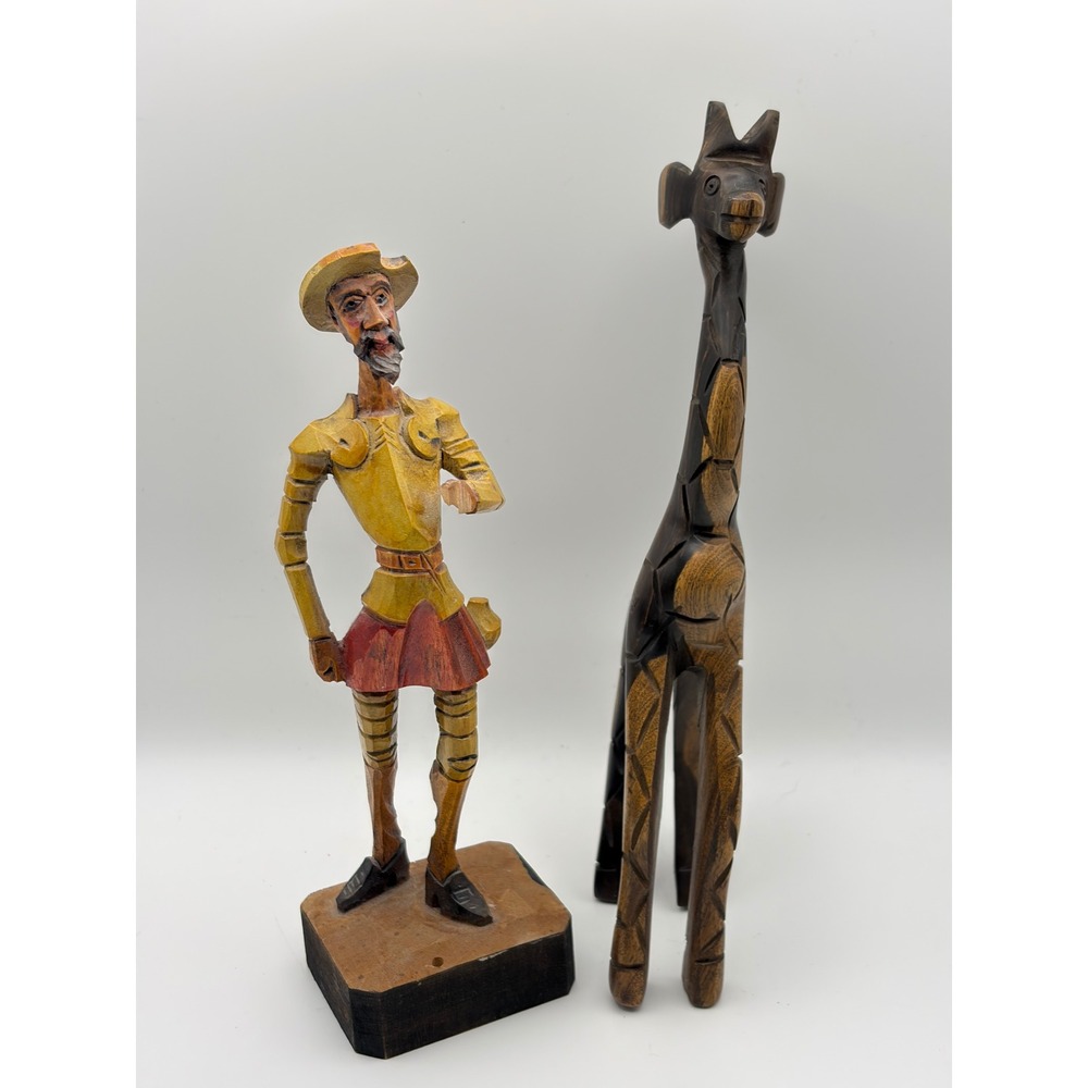Vintage Hand Carved Wood Don Quixote Figurine and Giraffe Statue Folk Art Set